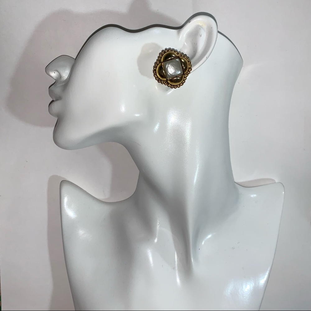 vintage CHANEL 14k gold plated faux pearl "Quilted" clip back EARRINGS